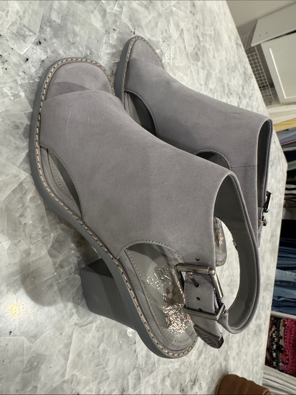 Vince Camino Gray Suede Slingback Block Heel Sandals